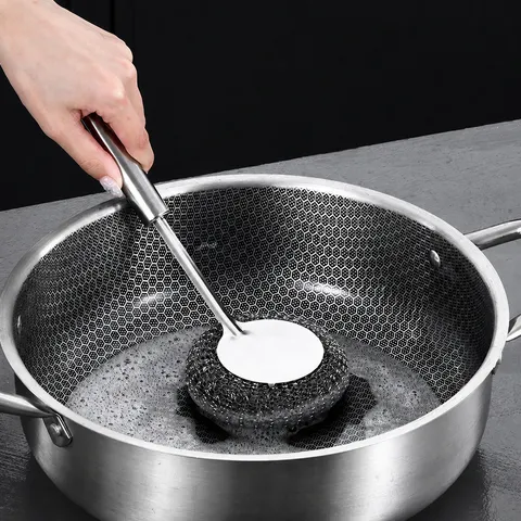 Cepillo de Olla de Mango Largo de Acero Inoxidable para Hogar Herramienta de Limpieza de Cocina
