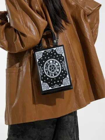 Gothic Retro Book Style PU Leather Crossbody Bag For Women Fashion Printed Shoulder Bag Small Square Chain Bag