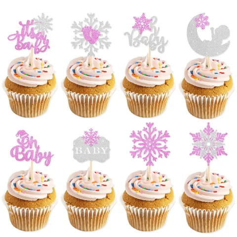 Christmas Party Cake Toppers Glitter Snowflake Cake Decorations Baby Shower Cupcake Toppers Set Party Baking Supplies