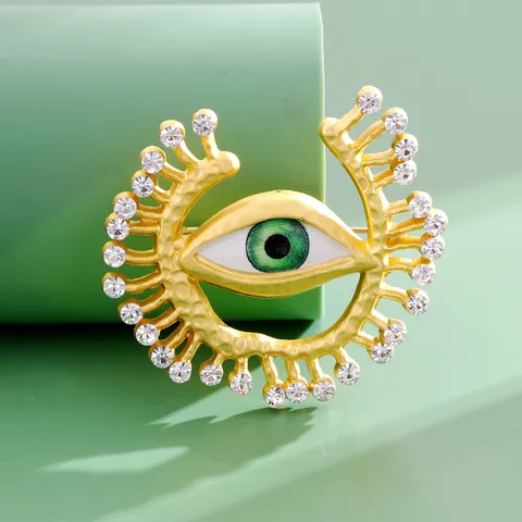 Vintage Gold Plated Alloy Evil Eye Brooch For Women Hammered Texture Rhinestone Inlaid Exaggerated Personality Coat Pin