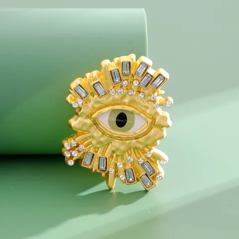Vintage Gold Plated Alloy Evil Eye Brooch For Women Hammered Texture Rhinestone Inlaid Exaggerated Personality Coat Pin
