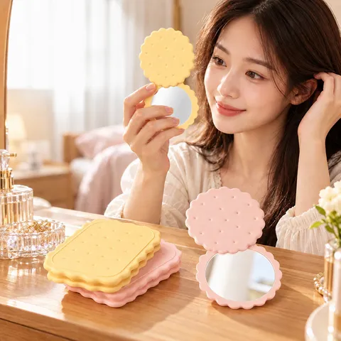 Portable Cookie Shape Makeup Mirror Set With Comb Cute Folding Compact Mirror Plastic Glass Small Pocket Mirror For Travel Women Girls