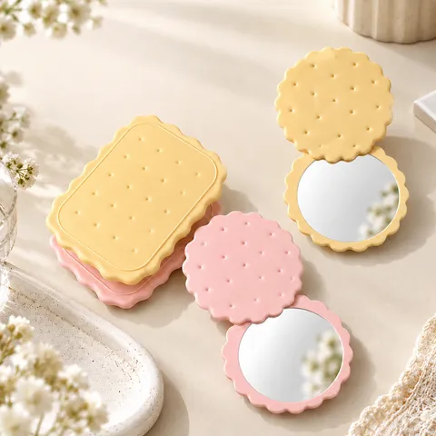 Portable Cookie Shape Makeup Mirror Set With Comb Cute Folding Compact Mirror Plastic Glass Small Pocket Mirror For Travel Women Girls