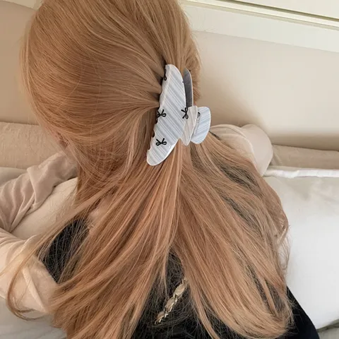 Molletta per Capelli con Fiocco in Stile Coreano Blu Latte Dolce Clip a Squalo a Strisce per Donna Accessori per Capelli