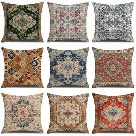 Bohemian Mandala Cushion Cover Polyester Linen Blend Square Ethnic Vintage Home Decor Pillow Case With Invisible Zipper