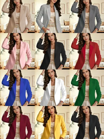 Women Fashion Lapel Long Sleeve Blazer Jacket Slim Fit Solid Color Office Lady Suit With Three Cuff Buttons Outerwear