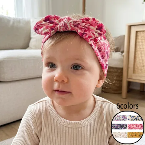 Baby Floral Print Knotted Rabbit Ear Headband Polyester Elastic Turban For Infants Toddlers Cute Hair Accessories Headwear