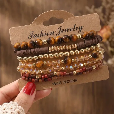 Bohemian Multilayer Stacking Beaded Bracelet Set Handmade Wood Glazed Beads Natural Stone Elastic Rope Beach Ethnic Jewelry