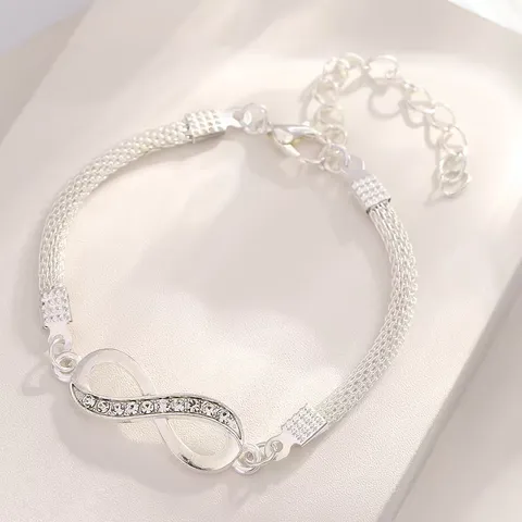 Fashion Women Alloy Heart Bangle Infinite Bracelet Set Rhinestone Mesh Chain Bracelet Set Silver Plated Jewelry For Daily Party Wear