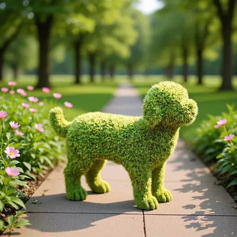 Statue de Jardin Chien Floqué Vert Ornement de Chiot Extérieur Européen Figurine d'Animal en Fausse Mousse Décoration de Cour