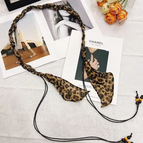 Women Korean Fashion Silk Scarf Braided Belt Floral Print Wax Rope Beaded Waist Chain Handmade Woven Accessory For Daily Outfits