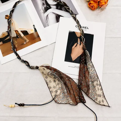 Women Korean Fashion Silk Scarf Braided Belt Floral Print Wax Rope Beaded Waist Chain Handmade Woven Accessory For Daily Outfits