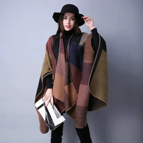 Women Vintage Ethnic Plaid Color Block Poncho Shawl Cashmere-Like Acrylic Thickened Split Cape For Winter Travel Warm Outerwear