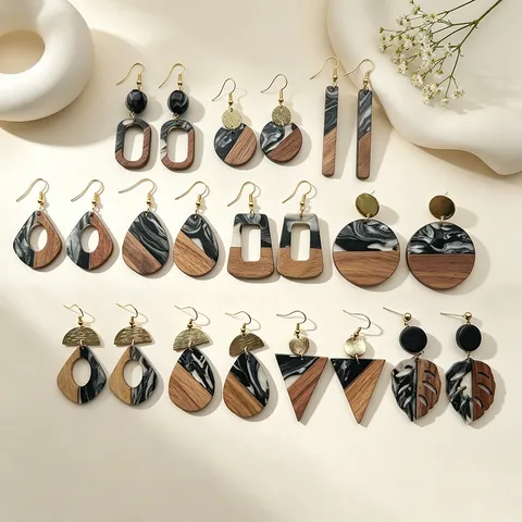 Retro Geometric Wood Resin Splicing Earrings Niche Marble Pattern Quicksand Contrast Color Drop Earrings For Women Jewelry