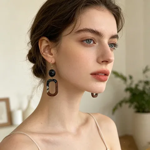 Retro Geometric Wood Resin Splicing Earrings Niche Marble Pattern Quicksand Contrast Color Drop Earrings For Women Jewelry