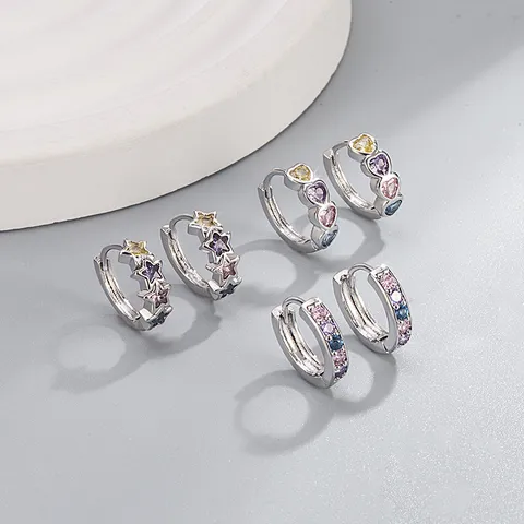 Copper Colorful Rhinestone Hoop Earrings Heart Star Round Small Huggie Earring Studs For Women Girls Sweet Fashion Jewelry Gift