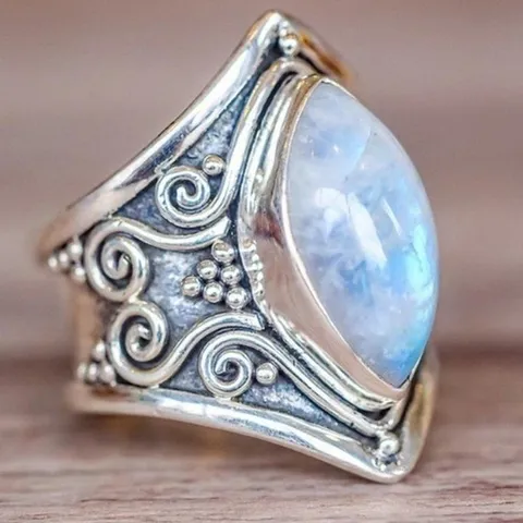 Anello in Lega Marquise Vintage per Donna Argento Antico Retrò Intaglio Cavo con Pietra Blu Anello da Dito Gioielli Boho Etnici