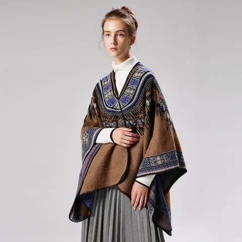 Women Retro Geometric Abstract Pattern Poncho Shawl Cashmere-Like Thickened Warm Jacquard Knit Cape Robe Outerwear