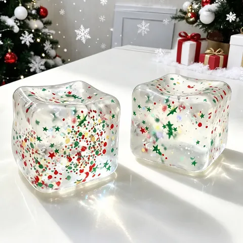 Jouet Squishy Glaçon de Noël avec Paillettes Colorées et Étoiles Anti-stress en TPR à Rebond Lent Jouet Sensoriel Fidget pour Enfants et Adultes
