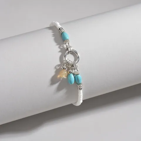 Bohemian Retro White Seed Bead Anklet With Faux Turquoise Pendant Silver Ring Single Layer Beach Jewelry For Women