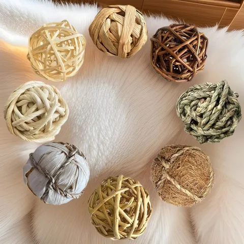 Natural Woven Grass Ball Small Pet Chewing Toy Set For Rabbit Guinea Pig Chinchilla Hamster Bird Grinding Teeth Boredom Relief Toy