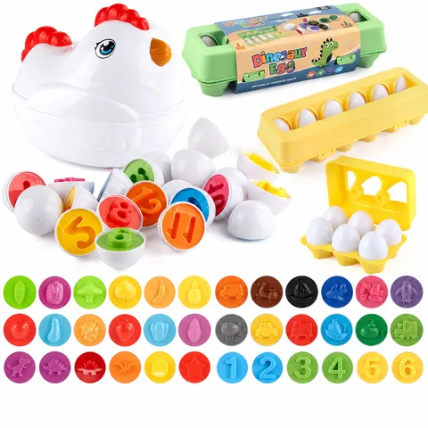 Educational Matching Eggs Toy For Toddlers ABS Plastic Geometric Shape Number Cognition Color Sorting Hen Storage Box For Kids Early Learning