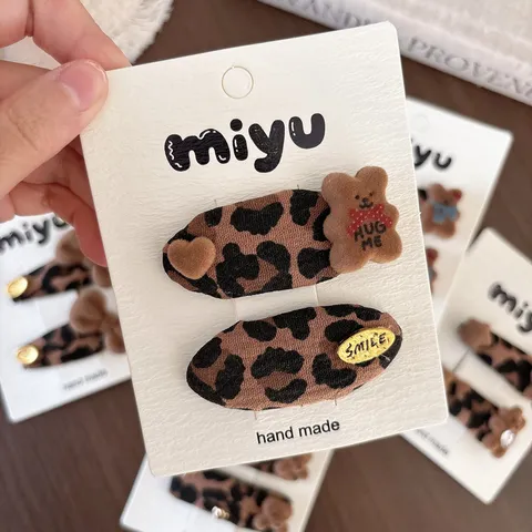 Pinzas para el Pelo de Niñas Estampado de Leopardo Marrón Oso Flocado Lazo Estrella Corazón BB Clips Hecho a Mano Accesorios para Pelo
