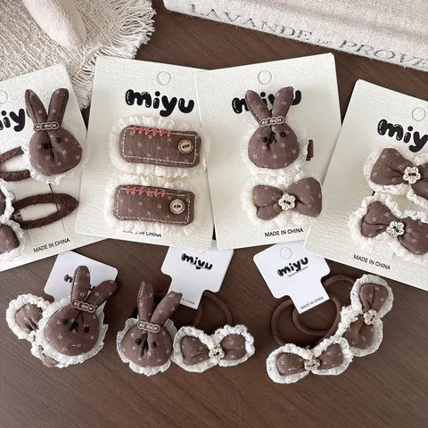 Pinzas para el Cabello para Niños Vintage Marrón Floral Conejo Lazo Borde de Encaje Clips BB Gomas de Tela Estilo Mori para Niñas