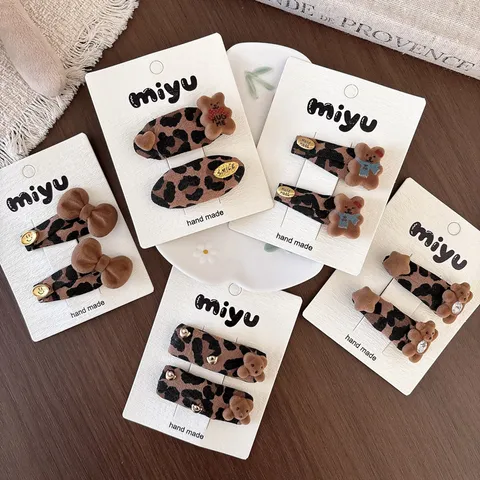 Pinzas para el Pelo de Niñas Estampado de Leopardo Marrón Oso Flocado Lazo Estrella Corazón BB Clips Hecho a Mano Accesorios para Pelo