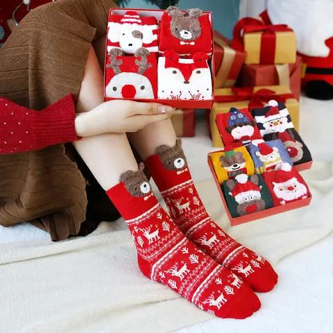 Chaussettes Mi-hautes en Coton de Noël Motif Animaux de Dessin Animé Chaud Hiver Cadeau Festif Chaussettes Femmes