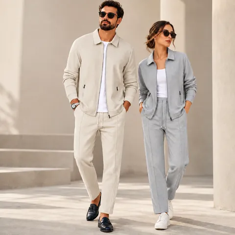 Ensemble Haut et Bas en Tricot Gaufre pour Hommes Automne Coupe Ajustée Veste à Fermeture Éclair et Pantalon de Sport Décontracté