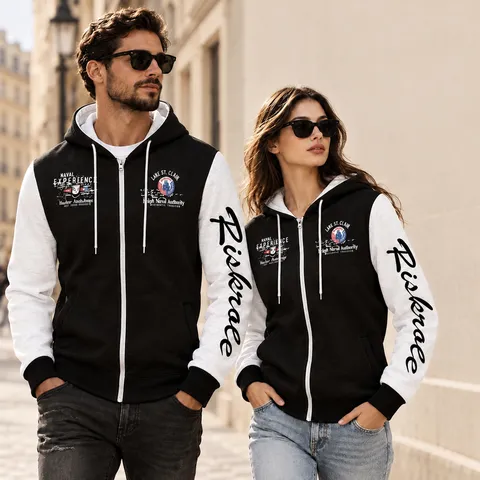 Sweat à Capuche Zippé Color Block pour Hommes Automne Hiver Manches Longues Cardigan à Capuche avec Imprimé Lettres Streetwear