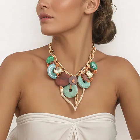 Bohemian Vintage Green Brown Patchwork Necklace For Women Zinc Alloy Wood Acrylic Aluminum Natural Stone Heart Pendant Chain