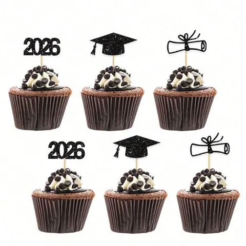 Black Glitter 2026 Graduation Cupcake Toppers Grad Cap Diploma Scroll Cake Picks For Graduation Party Bakery Cake Decoration