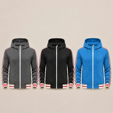 Sweat à Capuche Homme Automne Hiver Top Doublé Polaire Zippé Manches Longues Décontracté Rayé Ruban Sportif