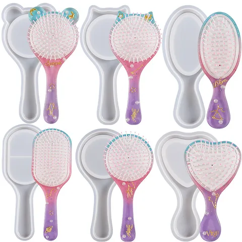 DIY Silicone Air Cushion Comb Mold Bear Cat Ear Heart Oval Resin Epoxy Mold With Massage Brush Cushion Accessory Handcrafted Hair Care Tools