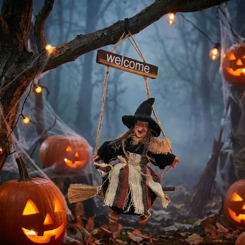 Halloween Hanging Witch Decorations Vintage Wooden Welcome Sign Horror Atmosphere Witch Dolls For Bar Party Home Decor