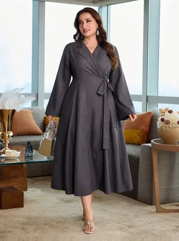 Plus Size Damen langes Kleid elegantes Pendeln langarm Anzugkragen Gürtel einfarbig Maxikleid