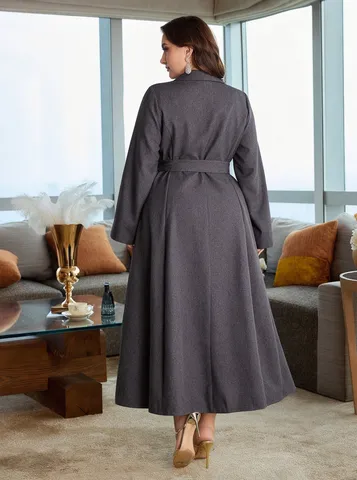 Plus Size Damen langes Kleid elegantes Pendeln langarm Anzugkragen Gürtel einfarbig Maxikleid