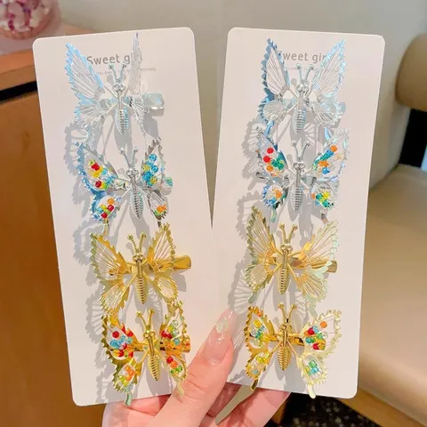 Cute Moving Butterfly Hair Clips For Girls Metal Hollow Rhinestone Side Hairpins Kids Hair Accessories Gold Silver Jewelry