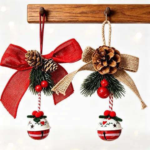 Adorno Colgante para Árbol de Navidad Lazo de Terciopelo Lino Campana con Piña Natural Baya Rústico Escandinavo Decoración