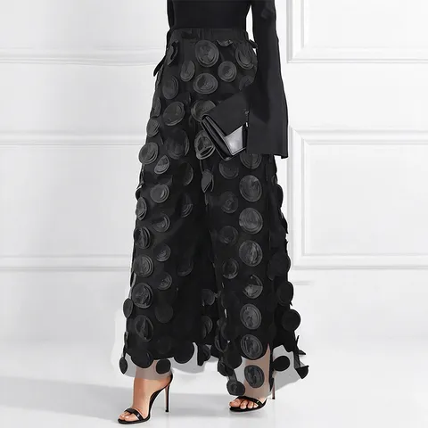 Women High Waist Wide Leg Mesh Pants 3D Polka Dot Tulle Trousers Elegant Straight Long Pants For Party Office Lady Bottom