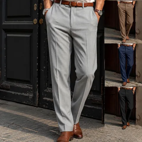 Men's Business Casual Straight Leg Dress Pants Solid Color Formal Trousers Polyester Commuting Slacks For Men Work Office