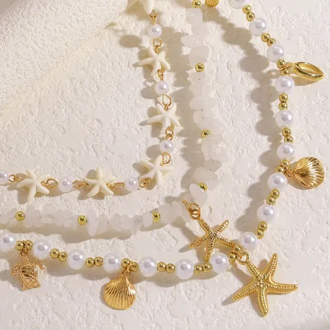 Collana a Strati Stile Resort Bohemien Stella Marina Conchiglia Perla Artificiale per Donna Gioielli con Ciondolo in Lega per Vacanze