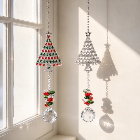 Attrape-Soleil de Noël en Cristal Flocon de Neige Ornement Suspendu Avec Perles Colorées et Boule de Prisme pour Fenêtre