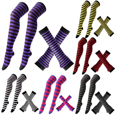 Women Over-the-Knee Striped Socks And Fingerless Gloves Set Polyester Knit Long Stockings Arm Warmers For Halloween Christmas Party