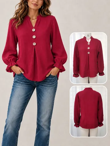 Women Casual V Neck Button Blouse Fashion Long Ruffle Sleeve Solid Color Top Polyester Spandex Loose Shirt For Autumn Winter