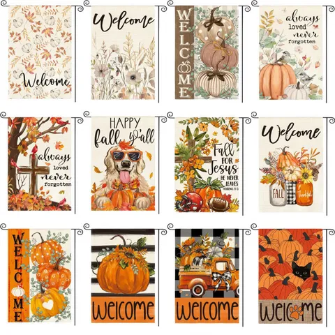 Double Sided Autumn Harvest Garden Flag Linen Pumpkin Maple Leaf Outdoor Yard Decor Thanksgiving Vertical Banner Garden Decoration