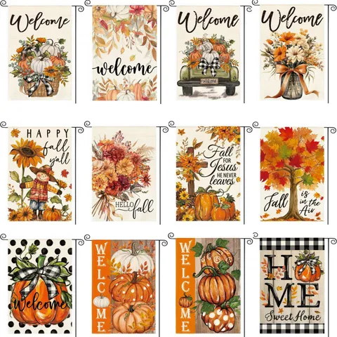 Double Sided Autumn Harvest Garden Flag Linen Pumpkin Maple Leaf Outdoor Yard Decor Thanksgiving Vertical Banner Garden Decoration