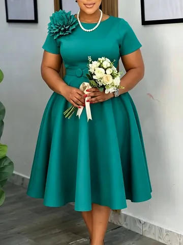 Damen Übergröße Elegant Einfarbig 3D Blume Großer Schwung Midi Kleid Sommer Kurzarm Rundhals Gürtel A-Linie Party Kleid